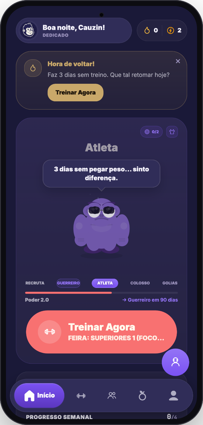Tela inicial do app do aluno: personagem Golias, progresso e treino do dia