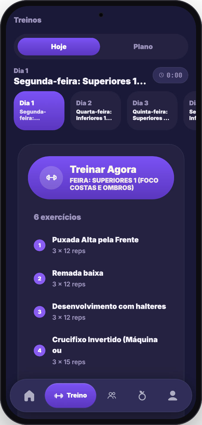 Tela de treino do dia com a lista de exercícios pronta para começar