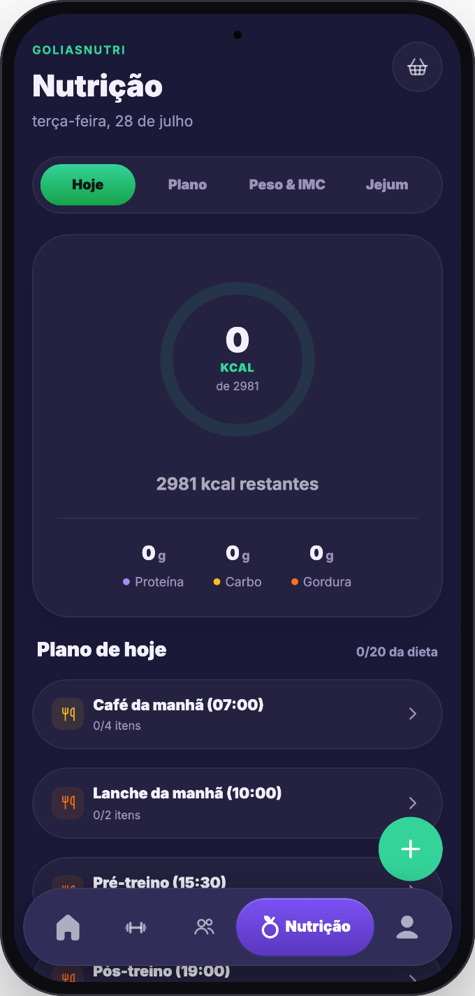 Tela de nutrição do app: calorias do dia, macros e plano de refeições