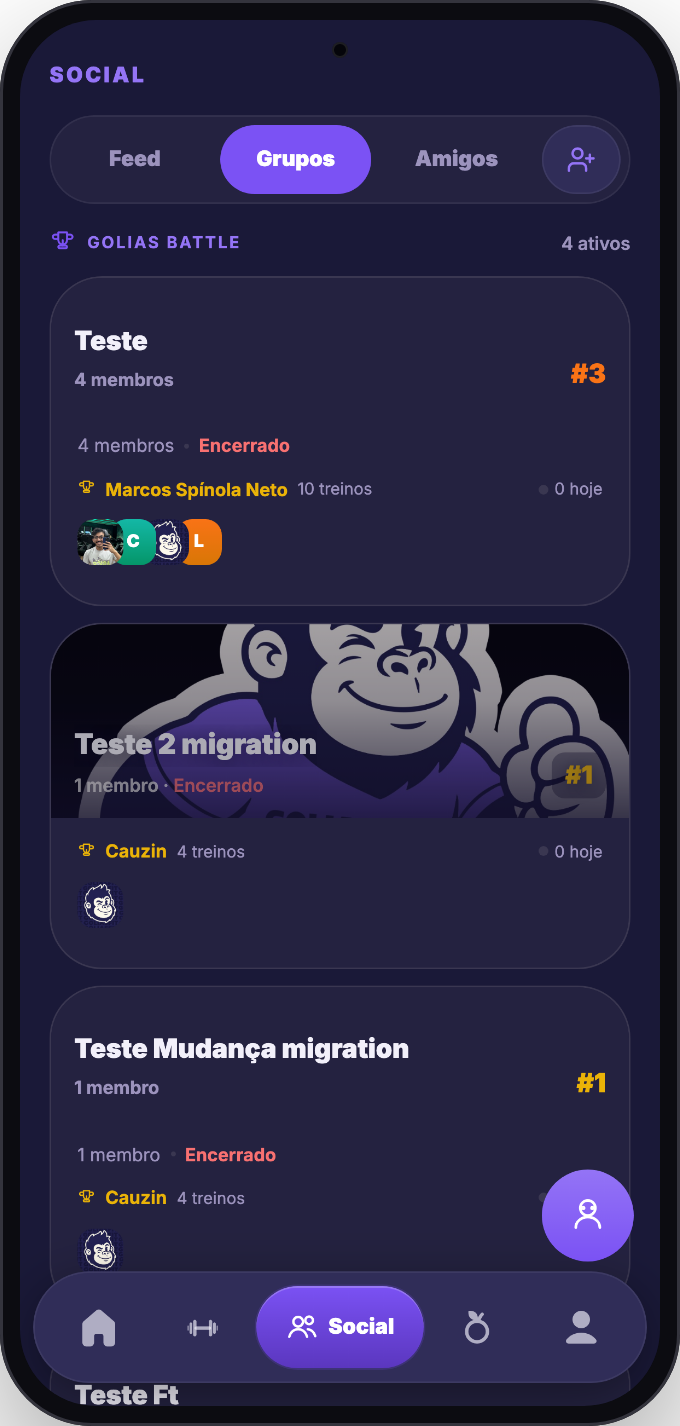 Tela social do app: feed, grupos, ranking e amigos