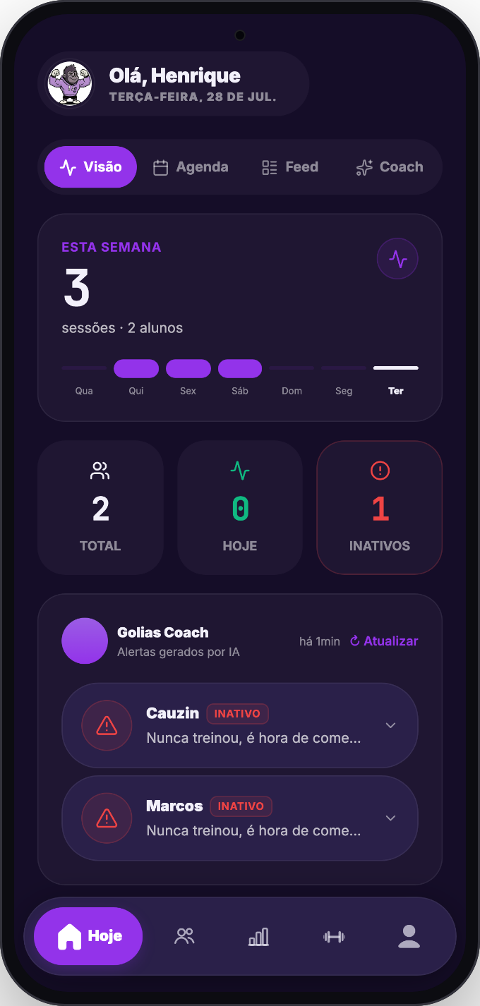App do professor: sessões da semana, alunos e alertas inteligentes do Golias Coach